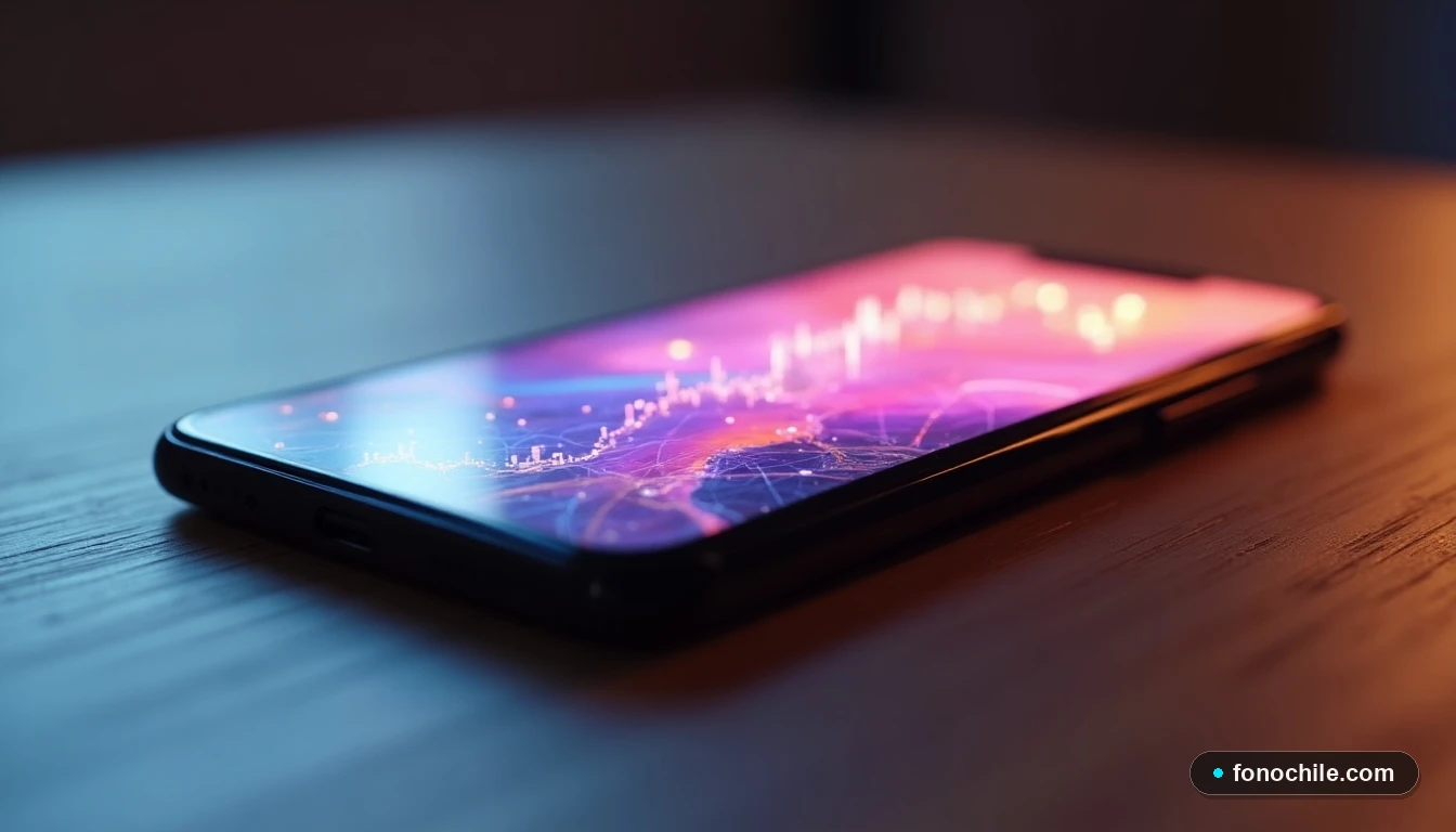 Primer plano lateral de un teléfono inteligente sobre una mesa de madera, con la pantalla iluminando la superficie con gráficos abstractos de colores.