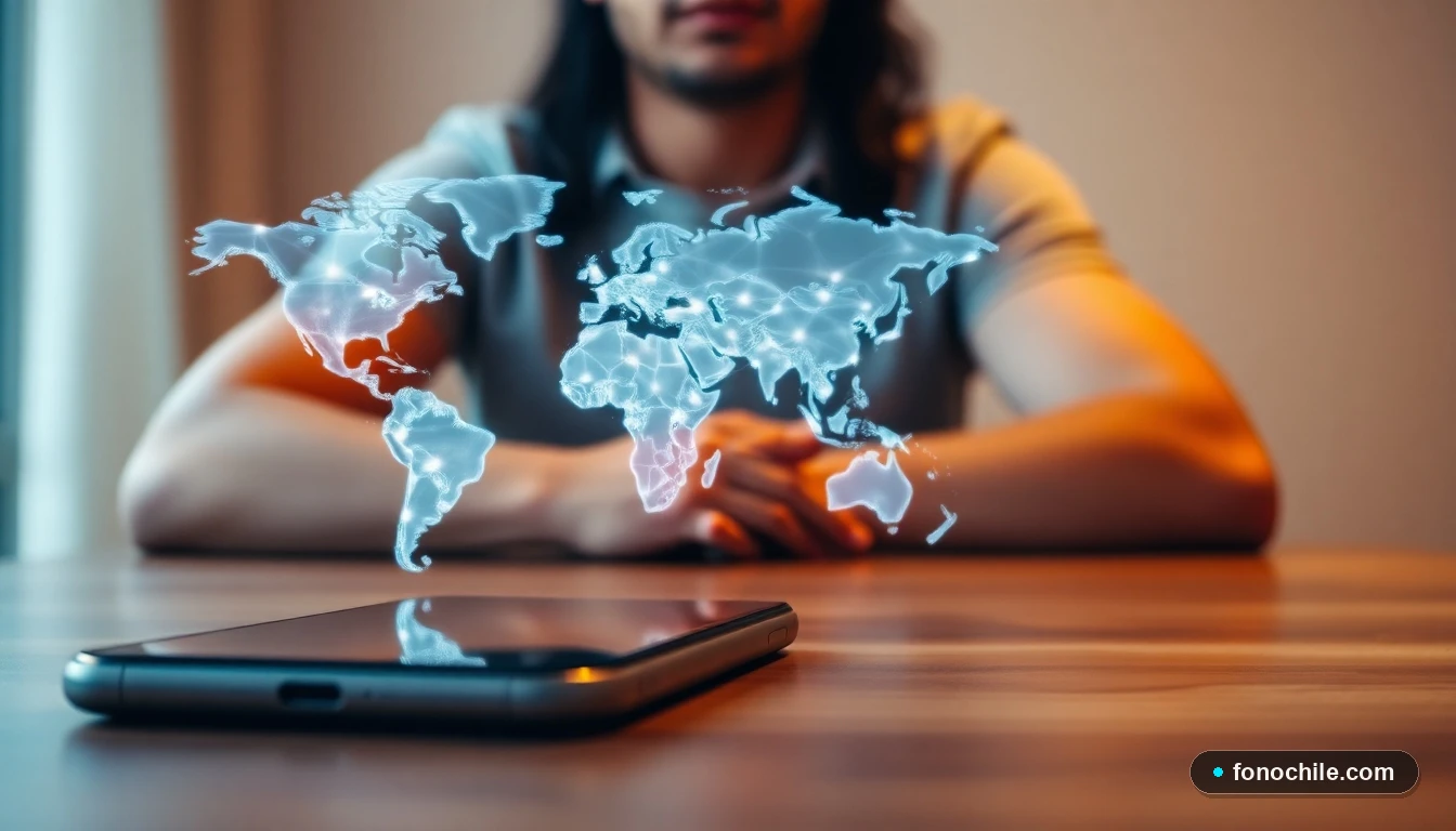 Visualización abstracta de un mapa mundial con conexiones de datos en un teléfono inteligente, representando planes internacionales y cobertura global.
