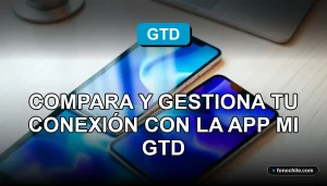 Una aplicación móvil en una pantalla mostrando gráficos abstractos de colores, sobre un escritorio moderno con un teléfono inteligente y una tablet.