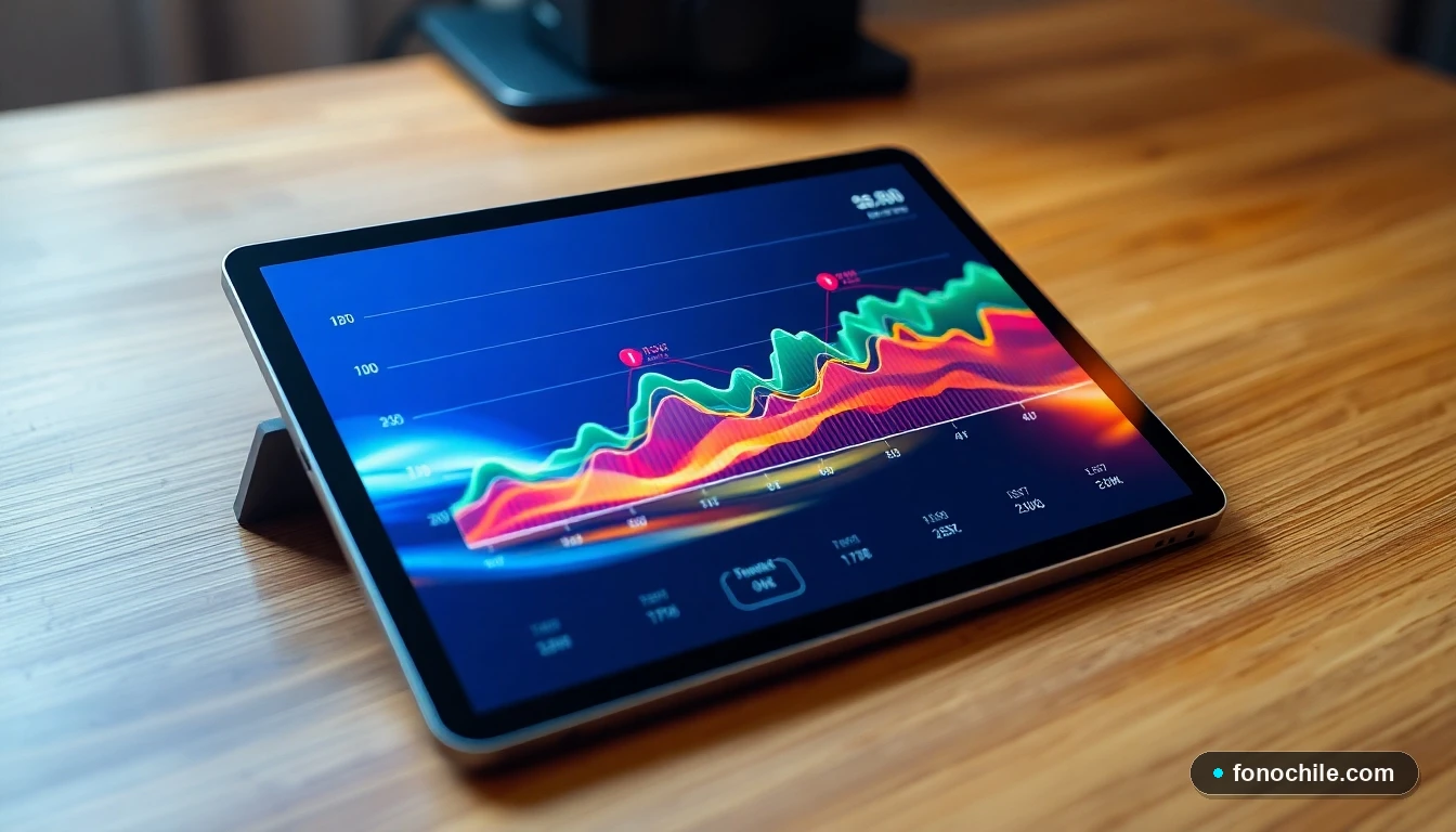 Gráfico abstracto de colores mostrando métricas de velocidad de internet en una tableta sobre una mesa de madera.