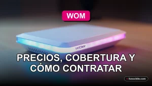Router moderno de fibra óptica WOM sobre una mesa, con luces LED indicando conexión activa y velocidad.