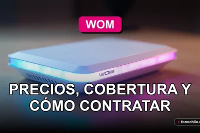 Router moderno de fibra óptica WOM sobre una mesa, con luces LED indicando conexión activa y velocidad.
