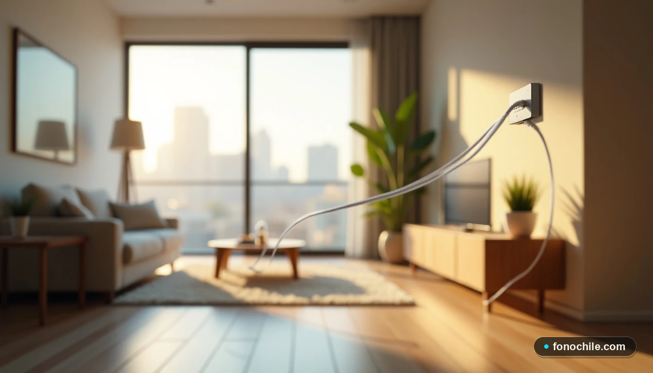 Cable de fibra óptica WOM instalado en una pared de un salón moderno y luminoso, conectando el hogar a internet de alta velocidad.