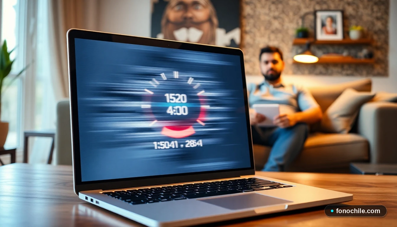 Gráfico abstracto de prueba de velocidad de internet en un laptop, mostrando la optimización de la conexión del hogar