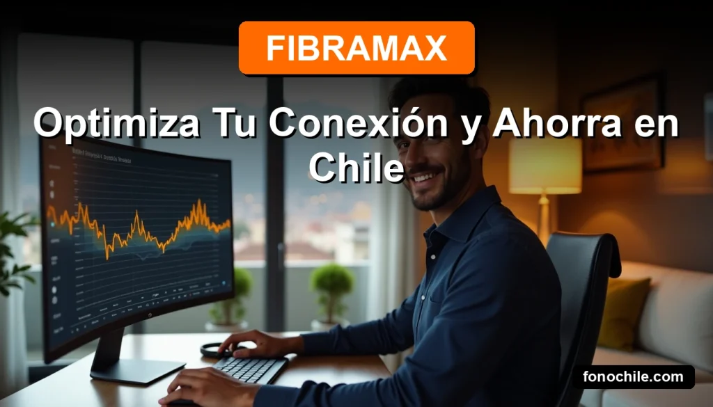 Un hombre chileno sonríe mientras trabaja desde casa con una conexión a internet rápida y estable, viendo gráficos de optimización en su pantalla ultrawide.