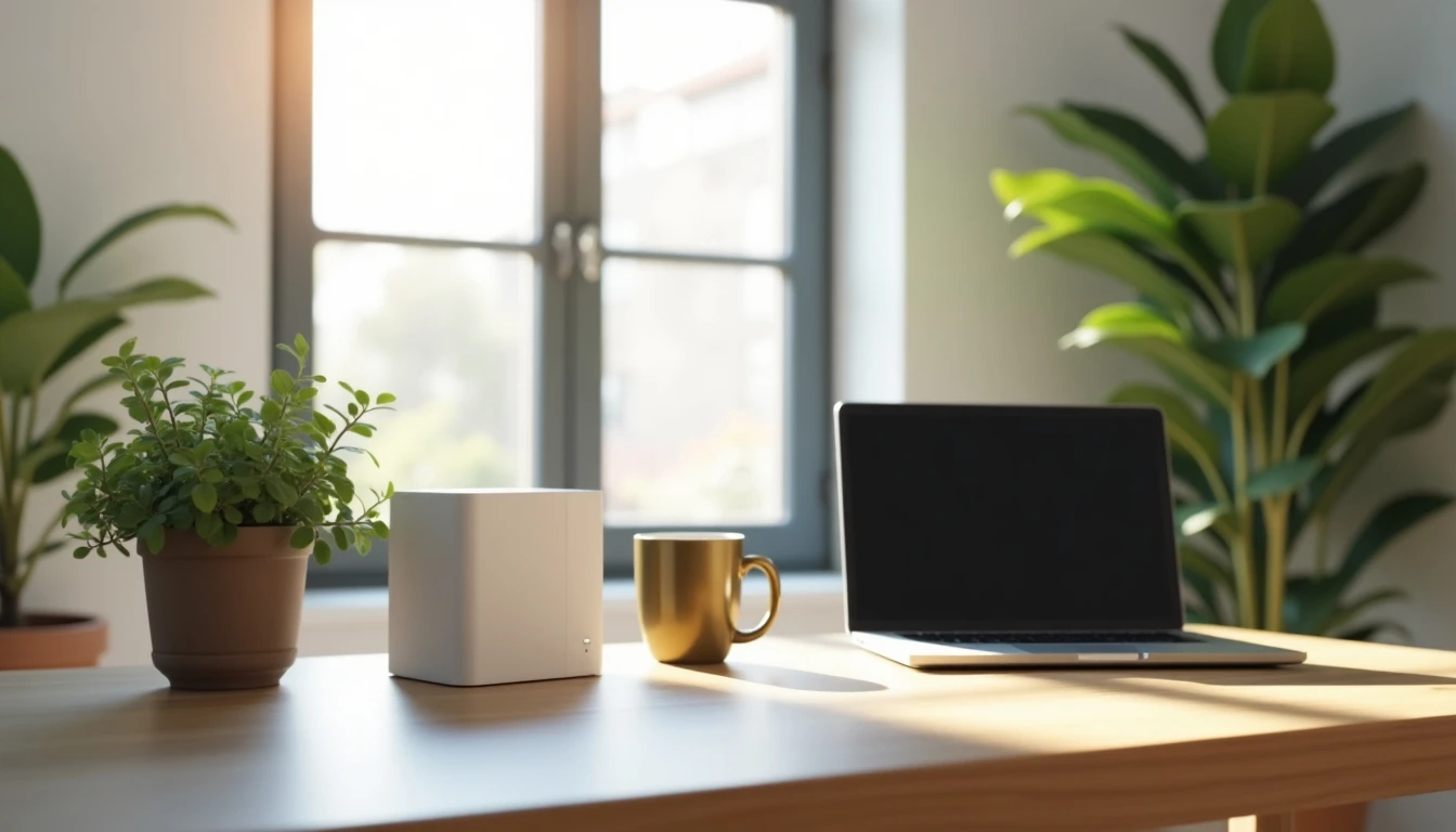 Espacio de trabajo moderno en casa con laptop y router Wi-Fi, representando una conexión a internet hogar óptima en Chile para 2026.