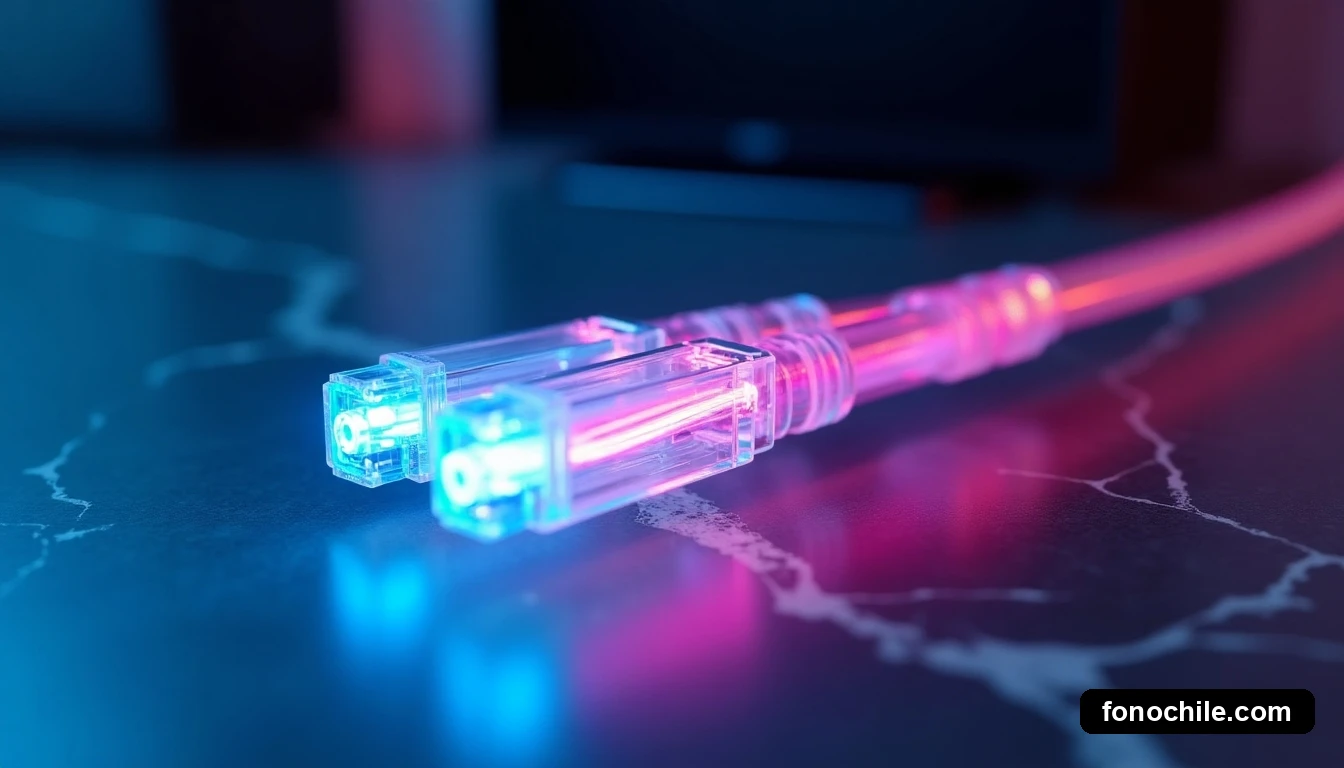 Detalle de cable de fibra óptica moderna con pulsos de luz, representando alta velocidad para internet hogar en Chile.