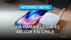 Un smartphone moderno mostrando gráficos abstractos de datos, junto a un router 5G, sobre una mesa de madera clara. Representa planes de internet móvil en Chile.