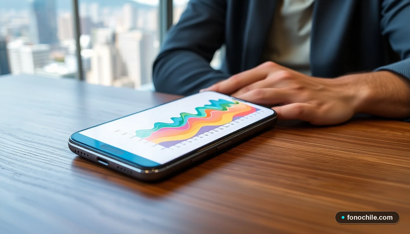 Smartphone mostrando gráficos de uso de datos móviles en colores vibrantes sobre un escritorio, con enfoque en la pantalla.