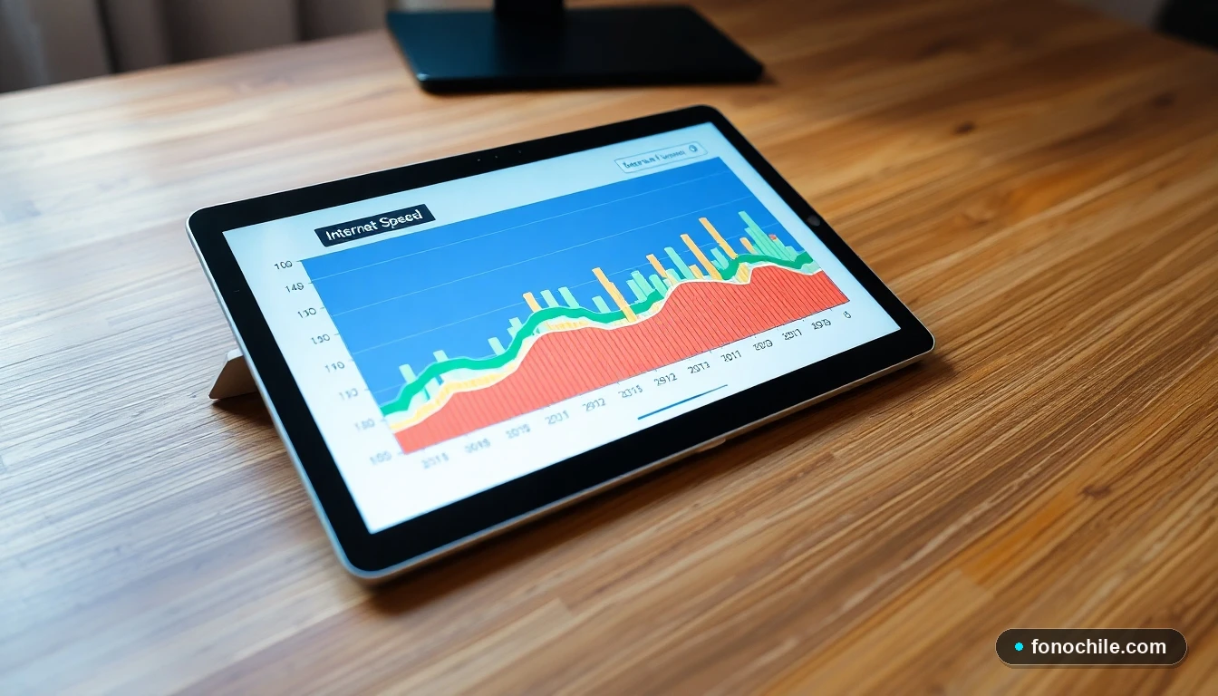Gráfico abstracto de colores mostrando métricas de velocidad de internet y rendimiento de red en una tableta.