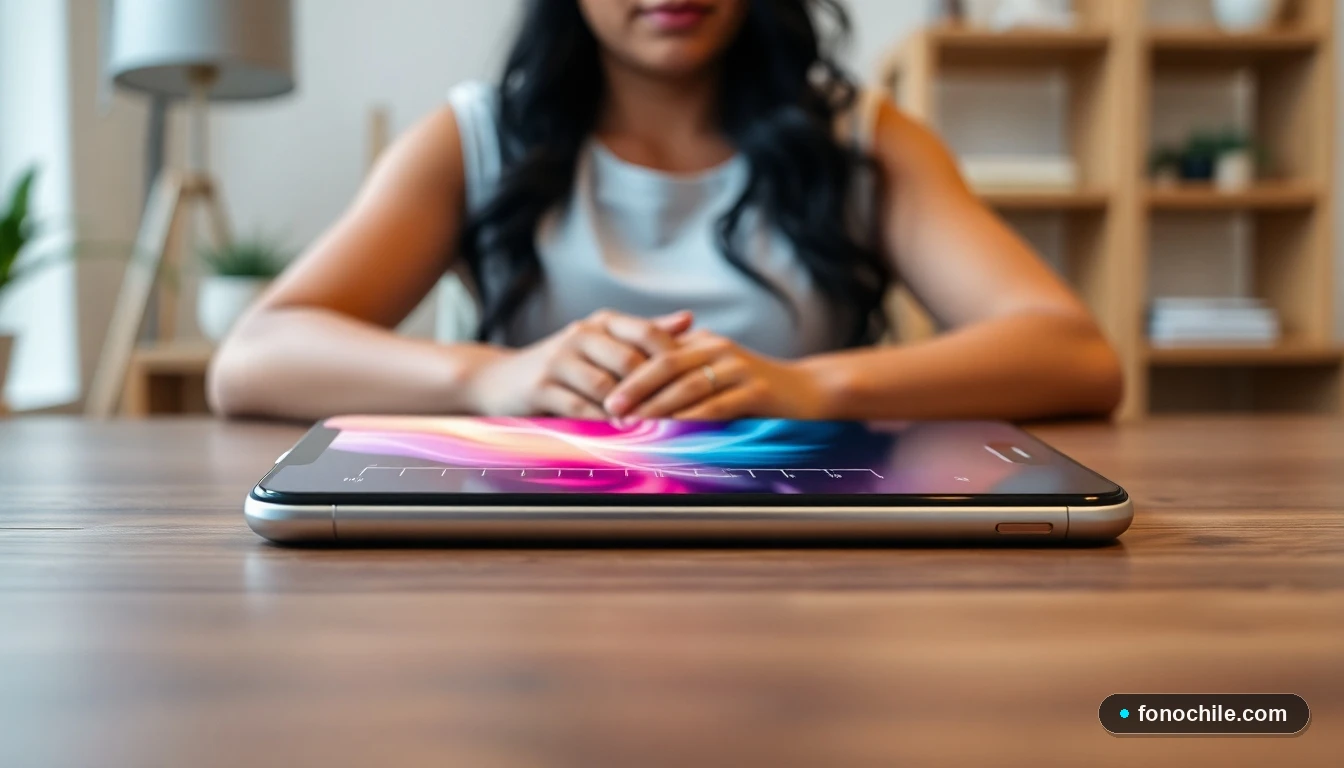 Smartphone mostrando gráficos de velocidad de datos en un entorno doméstico moderno, representando la conexión de internet móvil.