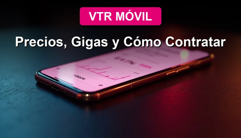 Hombre sonriente mirando su smartphone con la app de VTR Móvil abierta, mostrando un plan de datos ilimitados.