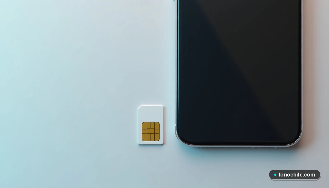 SIM card y teléfono móvil para contratar un plan VTR, en una vista cenital sobre una mesa moderna.