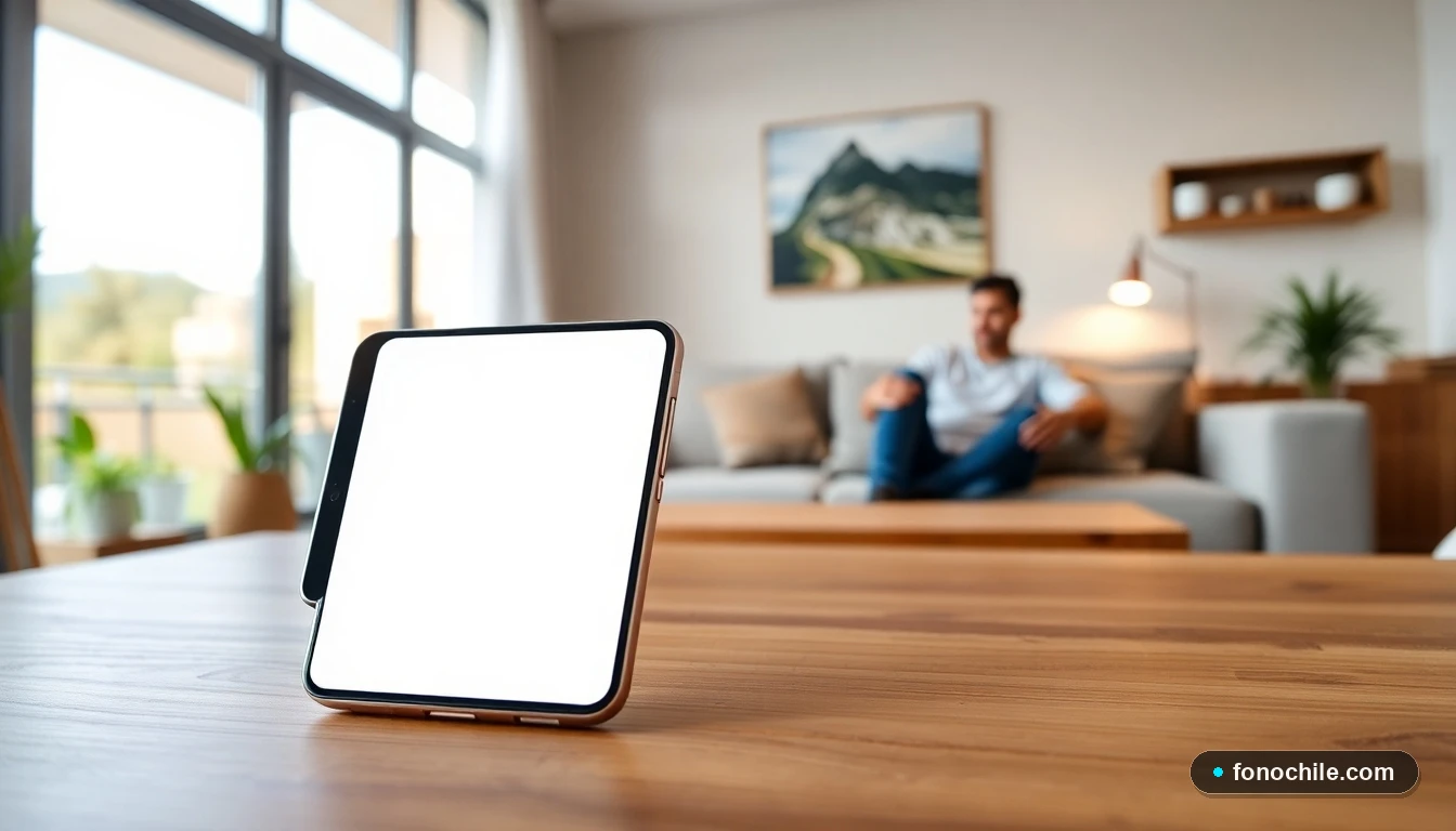 Smartphone moderno mostrando visualización abstracta de flujo de datos, representando planes móviles de alta capacidad en Chile 2026.