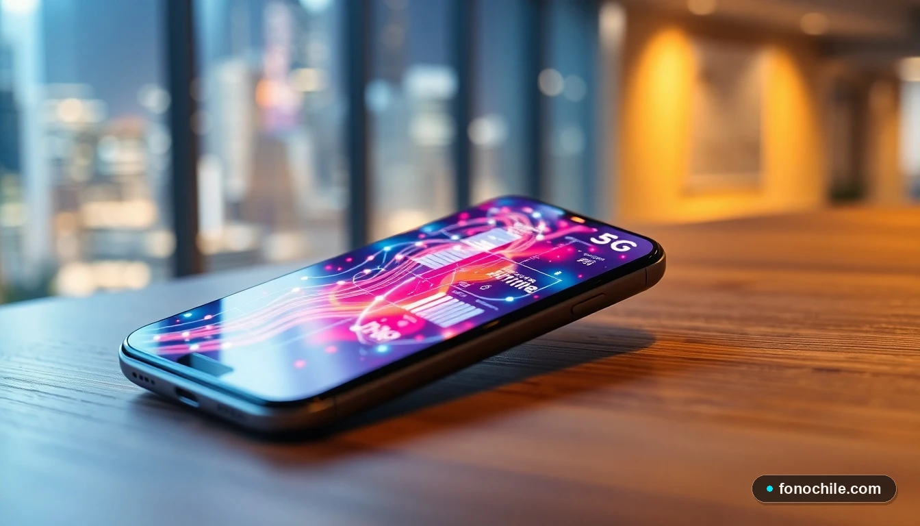 Smartphone mostrando visualización abstracta de red 5G y flujo de datos de alta velocidad en un entorno moderno.