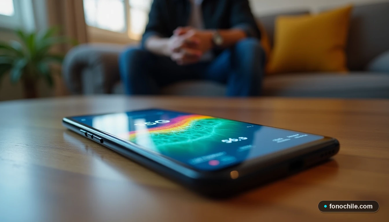 Smartphone mostrando gráficos abstractos de cobertura y velocidad de red 5G en un entorno hogareño en Chile.