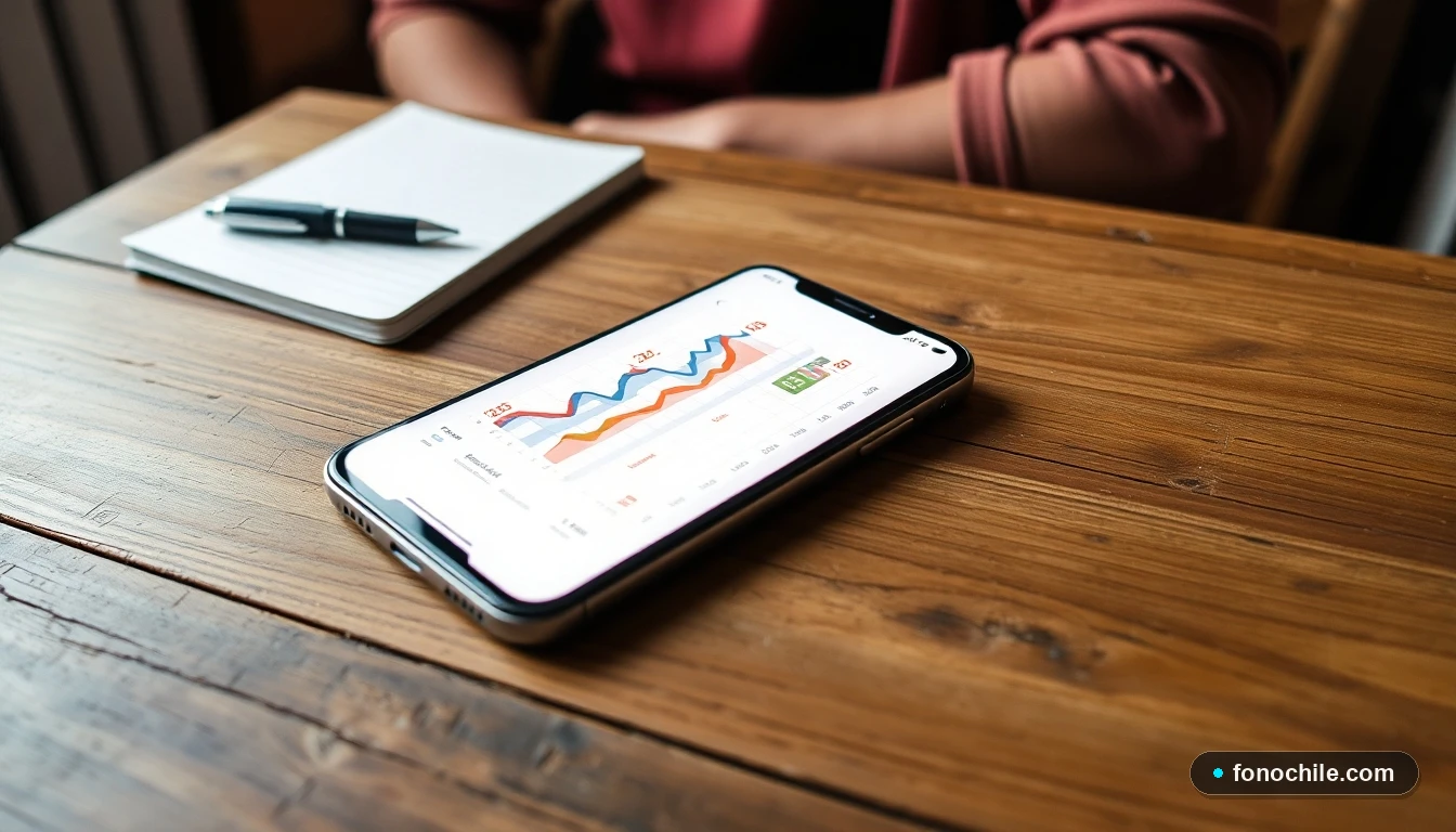 Smartphone mostrando gráficos de comparación de precios de planes móviles en una mesa de madera.