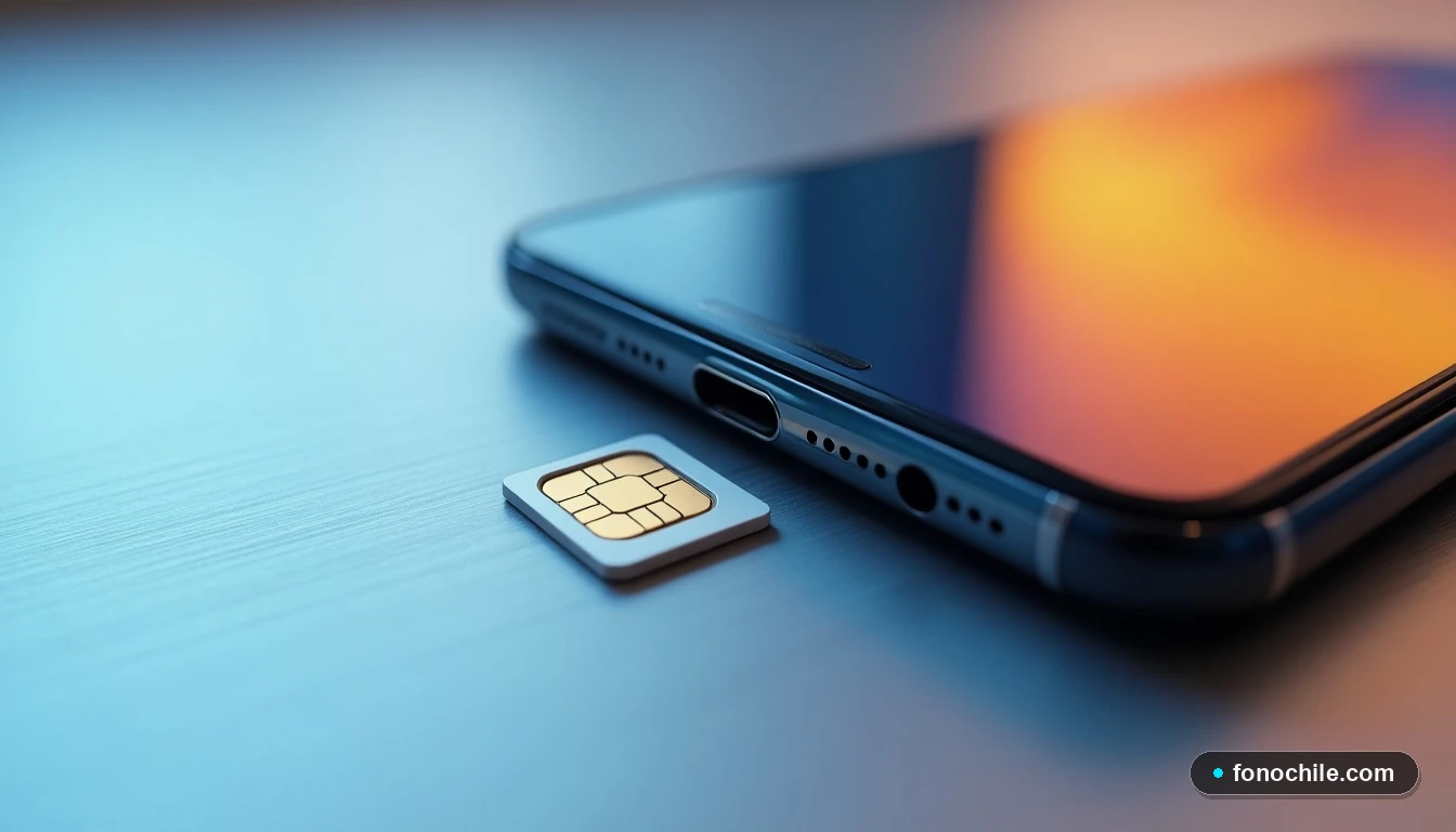 Primer plano de un teléfono inteligente y una tarjeta SIM nano sobre una mesa metálica.