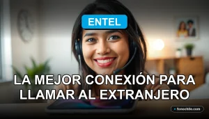 Una mujer latina sonriente habla por teléfono en un entorno moderno, representando las llamadas internacionales de Entel.