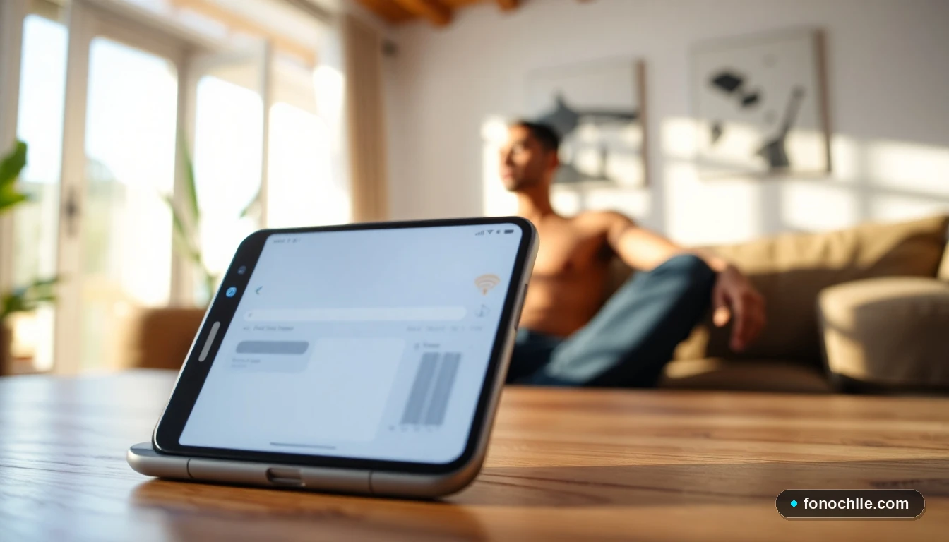 Smartphone mostrando indicadores de cobertura y datos móviles en un entorno hogareño acogedor.