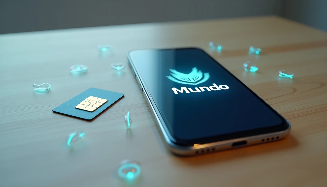 SIM card y smartphone con planes móviles de Mundo Pacífico sobre mesa de madera, concepto de conectividad y datos.