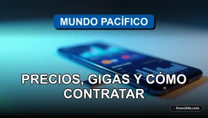 Plan de telefonía móvil con gráficos abstractos de datos mostrando gigas y cobertura, sobre fondo azul pacífico.