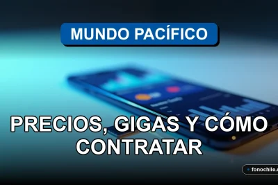 Plan de telefonía móvil con gráficos abstractos de datos mostrando gigas y cobertura, sobre fondo azul pacífico.