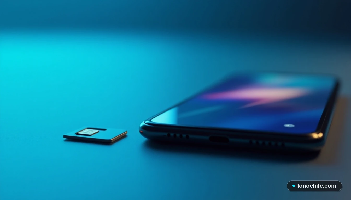Primer plano lateral de un teléfono inteligente mostrando una interfaz genérica, junto a una tarjeta SIM, representando la facilidad para contratar un plan móvil.
