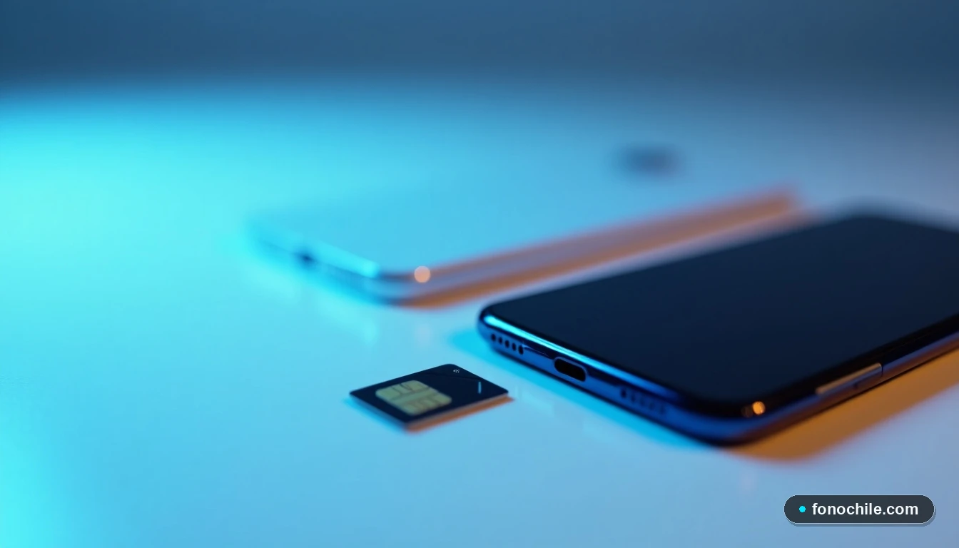 Vista superior en primer plano de un teléfono inteligente y una tarjeta SIM, mostrando el diseño del dispositivo y la ranura para la tarjeta, sobre un fondo desenfocado azul.