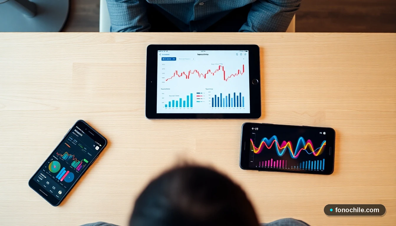 Dispositivos móviles empresariales mostrando análisis de conectividad y datos en una oficina moderna.