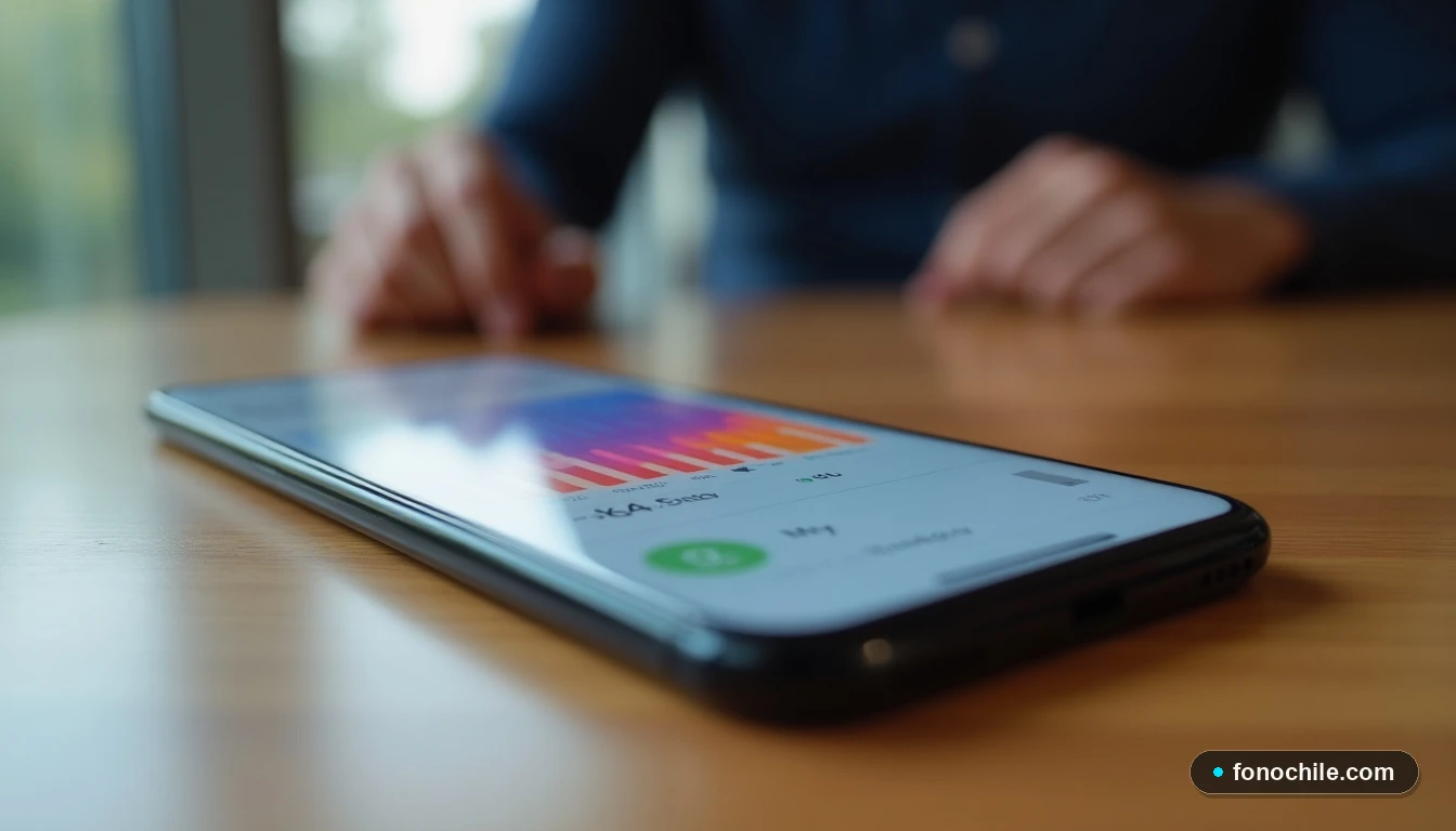 Smartphone mostrando gráfico de consumo de datos de un plan móvil VTR sobre una mesa de madera.