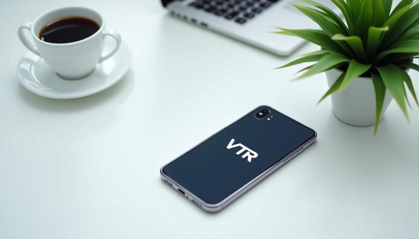 Smartphone moderno mostrando planes móviles VTR 2026 en pantalla, sobre escritorio minimalista.