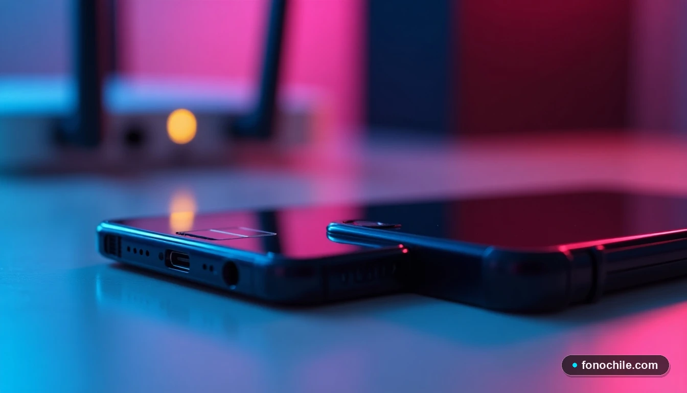 Primer plano lateral de un smartphone y tarjeta SIM VTR, con luces de router desenfocadas al fondo, representando planes móviles integrales.