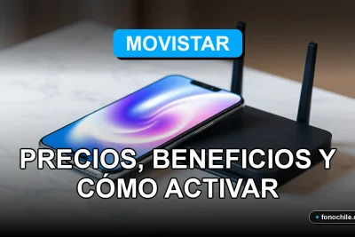 Planes de internet 5G Movistar 2026 sobre una mesa de diseño moderno con gráficos abstractos en pantallas.