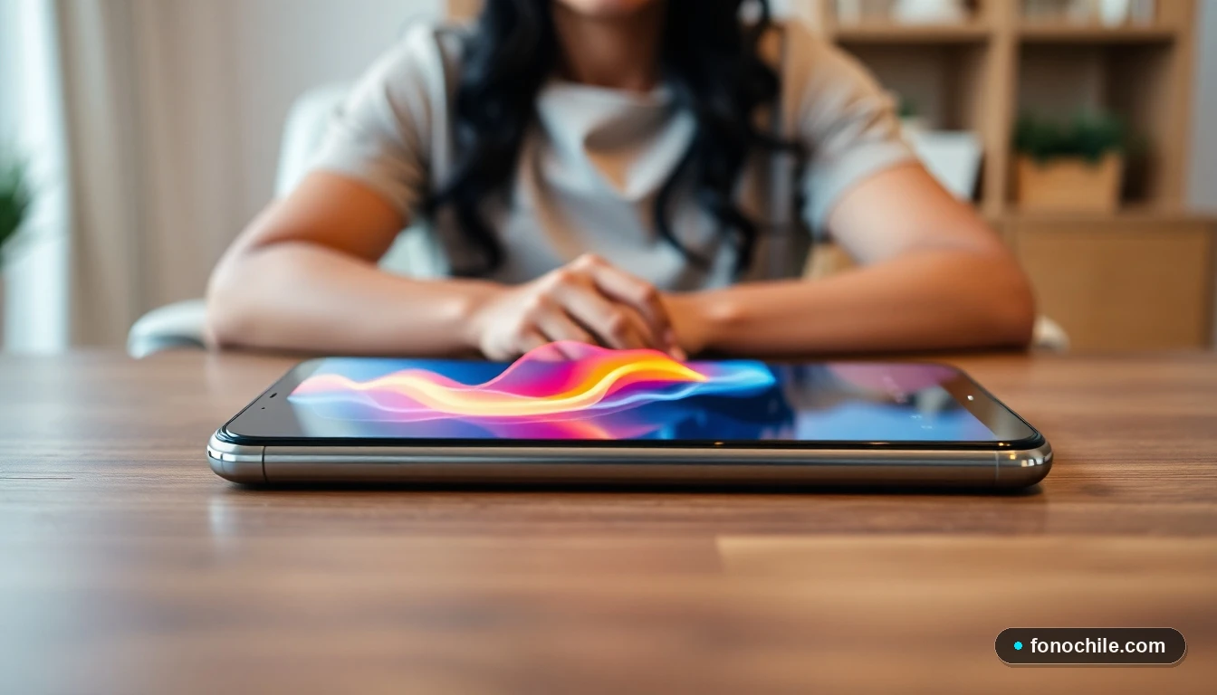 Smartphone mostrando gráfico de velocidad de datos 5G en un entorno doméstico moderno