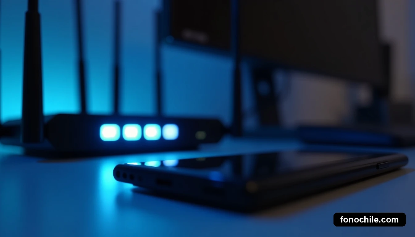 Detalle de un smartphone y router empresarial de Movistar sobre una mesa de reuniones, mostrando conectividad y tecnología moderna.