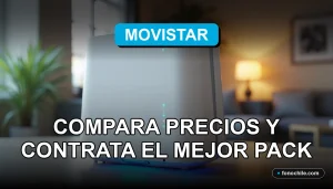 Moderno router WiFi de Movistar con luces LED azules, sobre mesa de madera clara con fondo desenfocado de un salón contemporáneo.