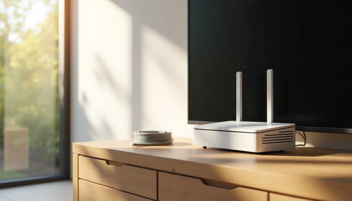 Router y TV con fibra óptica Movistar en un hogar moderno