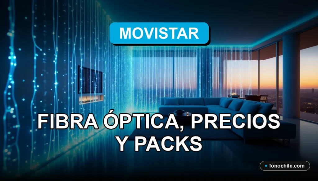 Modern living room with glowing fiber optic light trails symbolizing ultra-fast Movistar Hogar internet connection.