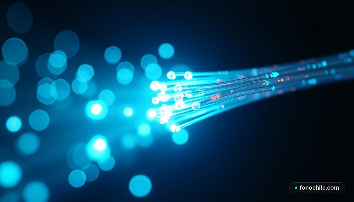 Macro detalle de cables de fibra óptica de Movistar iluminados con luz cian, transmitiendo datos a alta velocidad.