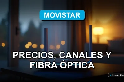 Moderno router de fibra óptica Movistar con luces LED azules, sobre una mesa de diseño minimalista.