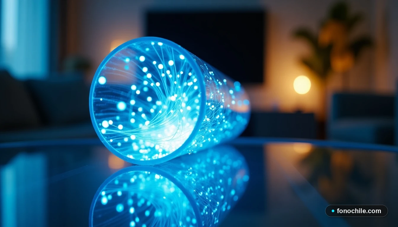 Primer plano de un núcleo de fibra óptica iluminado en azul y blanco, representando alta velocidad, en un salón moderno.