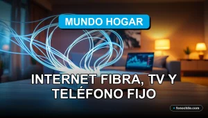 Fibra óptica moderna conectando a un router blanco brillante en una mesa de madera clara, con gráficos abstractos de colores en una pantalla de fondo.