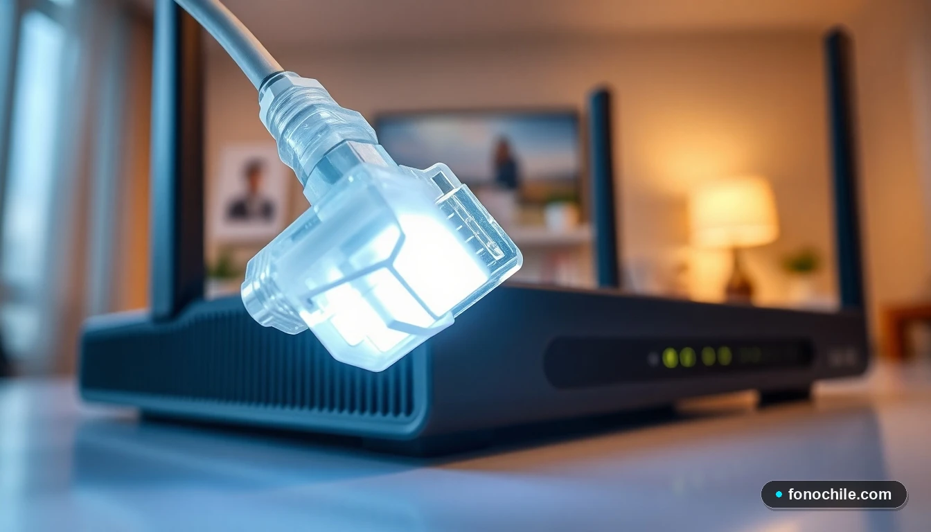 Primer plano macro del conector de una fibra óptica luminosa acoplándose a un router moderno en un entorno doméstico.