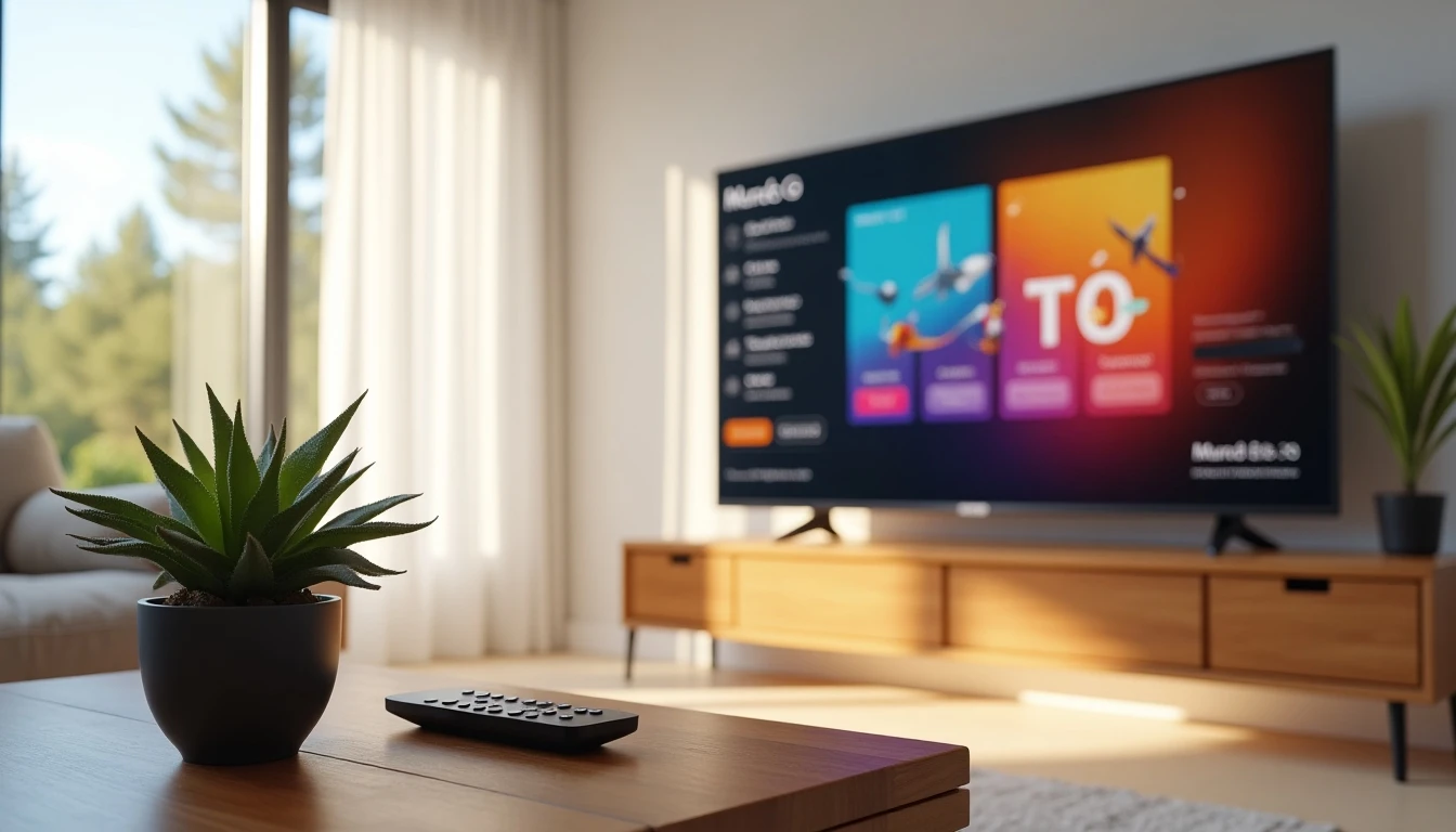 Televisor moderno mostrando la interfaz de Mundo GO en un living 2026