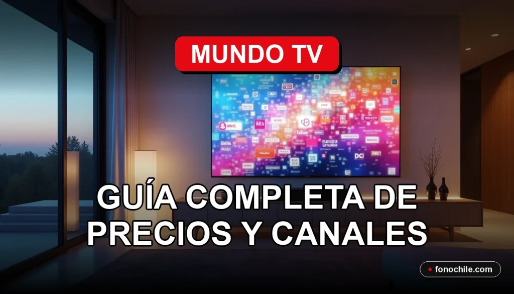 Guía de precios y canales de Mundo TV 2026 mostrada en una pantalla de televisión moderna en una sala de estar contemporánea.