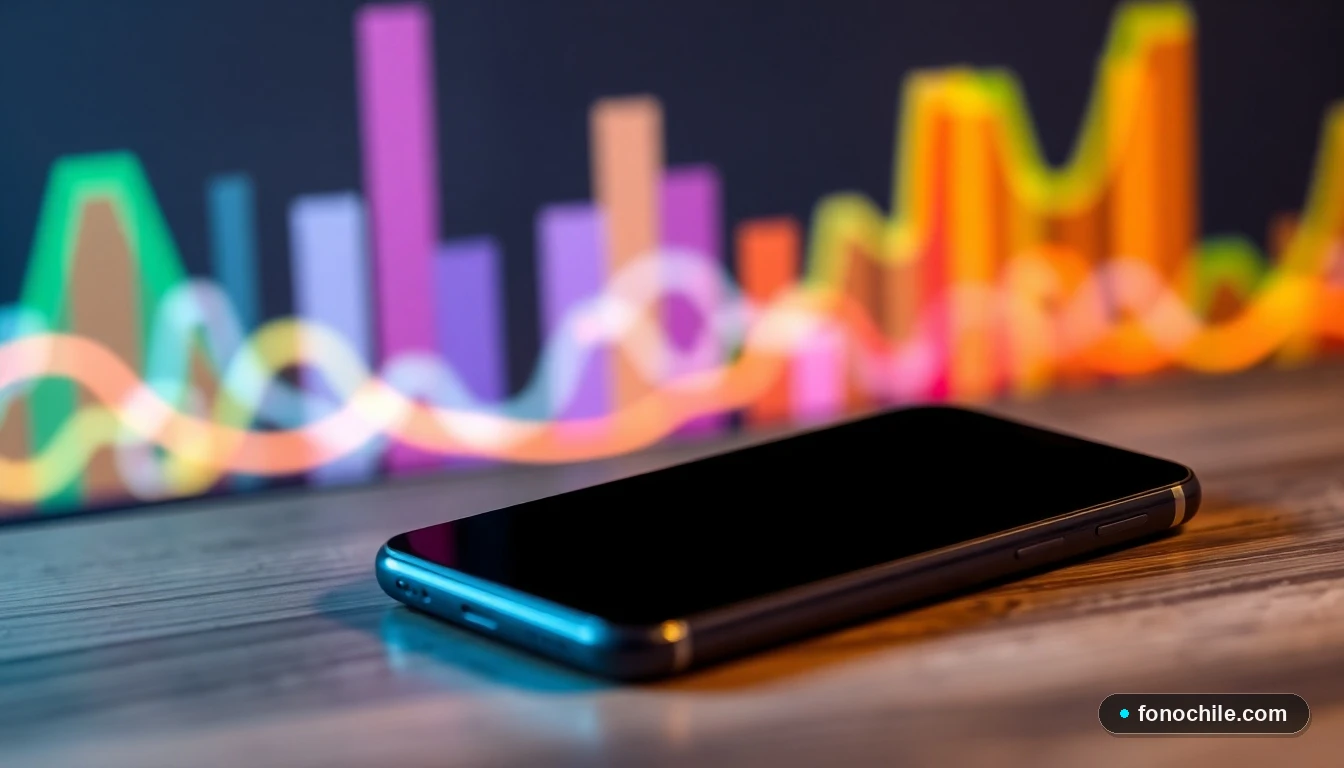 Gráfico abstracto de tendencia alcista en colores vibrantes junto a un smartphone moderno sobre una mesa, representando el crecimiento de los planes móviles.