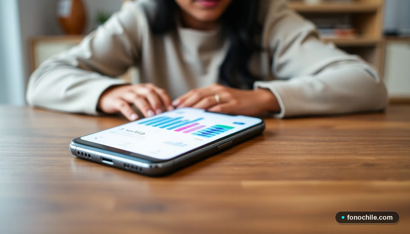 Smartphone mostrando gráficos de consumo de datos móviles en colores vibrantes sobre una mesa de madera.