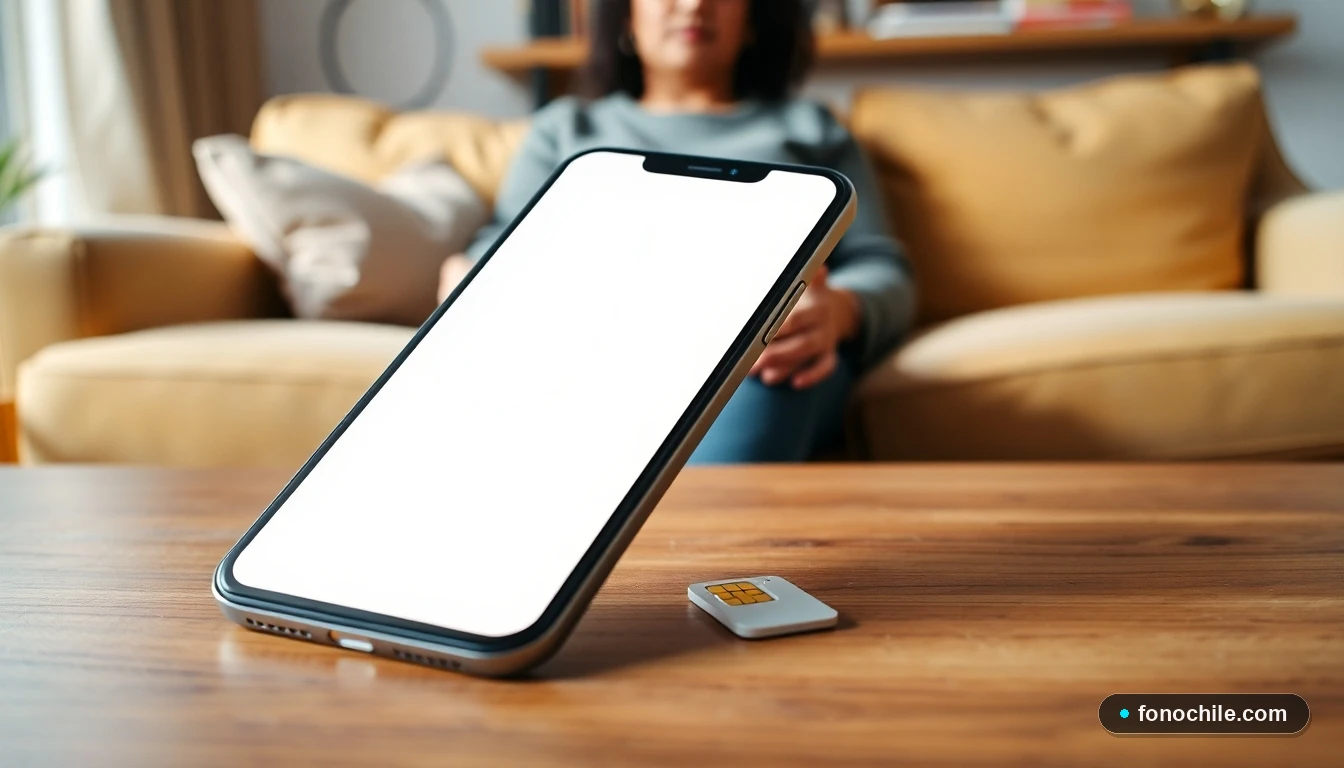 Smartphone moderno con chip prepago sobre una mesa, representando la elección de planes móviles en Chile.