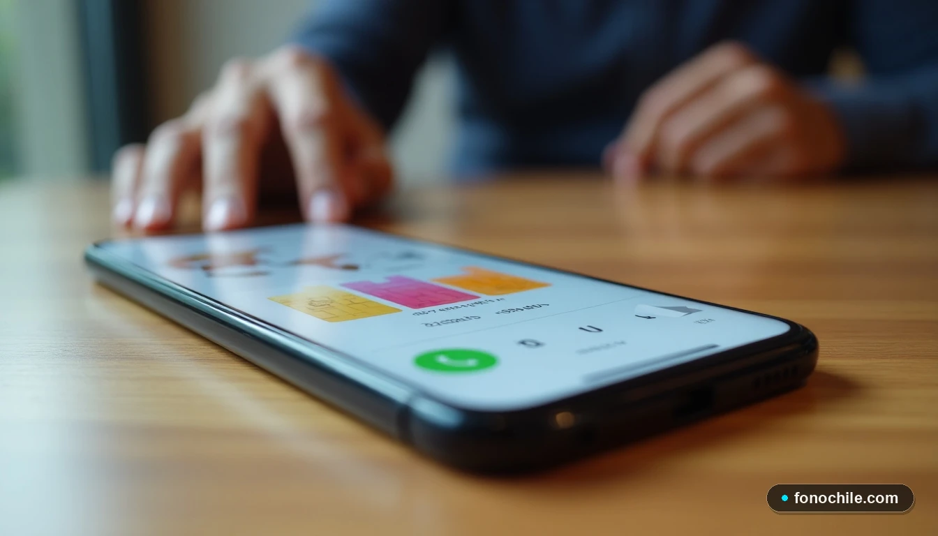 Smartphone mostrando gráficos de uso de datos y llamadas internacionales con un chip prepago Movistar en primer plano.